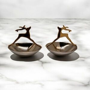 MCM Reindeer Handle Brass Silver Plate Trinket Footed Dish 5" Set of 2 Christmas